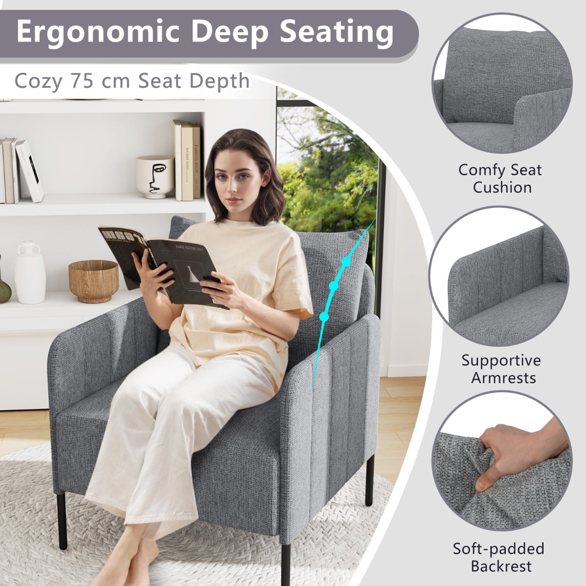 Chenille Single Seat Sofa with Cushion and Adjustable Foot Pads-Grey