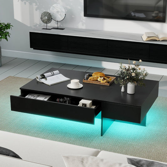Coffee Table High-Gloss Accent Table with 3 Storage Drawers-Black