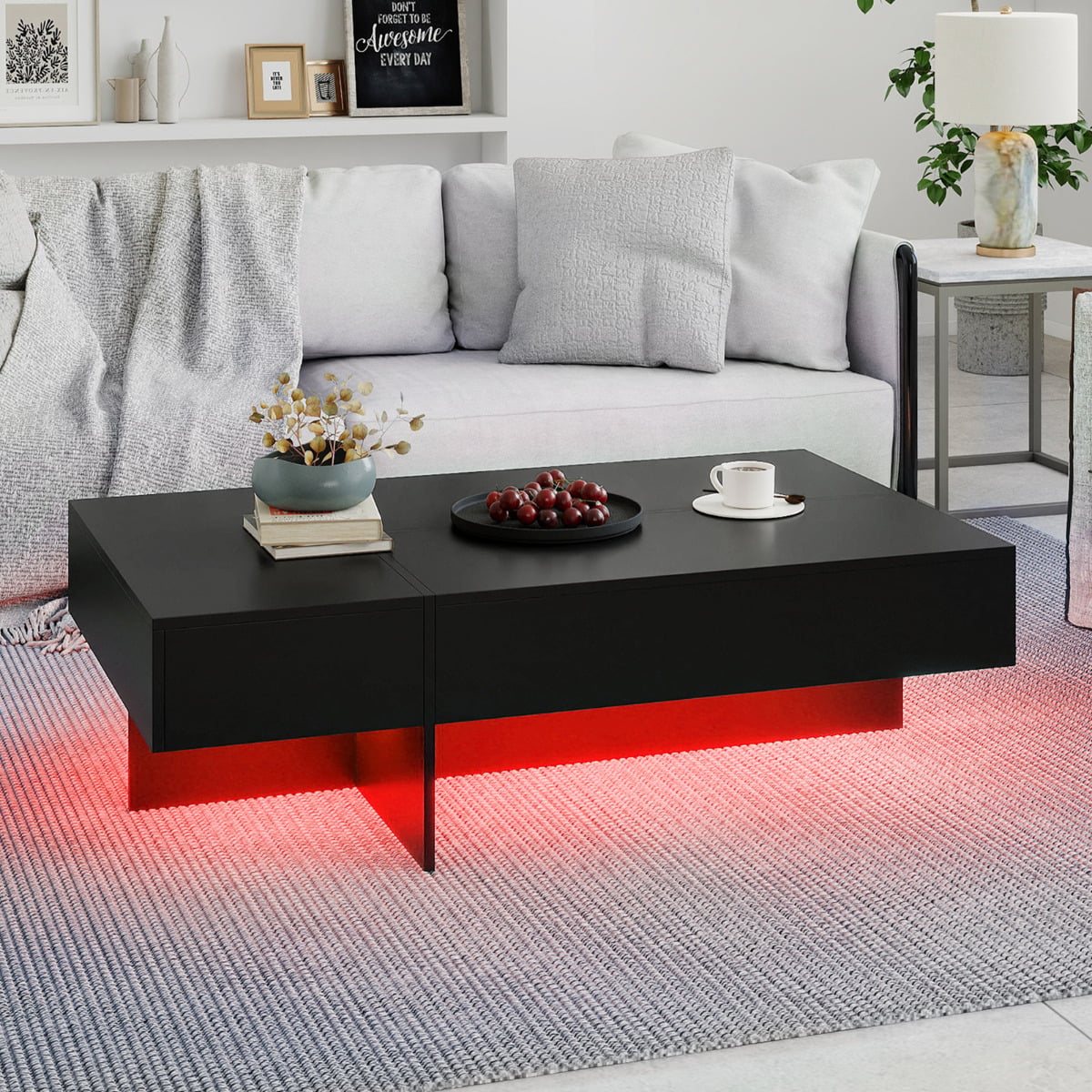 Coffee Table High-Gloss Accent Table with 3 Storage Drawers-Black