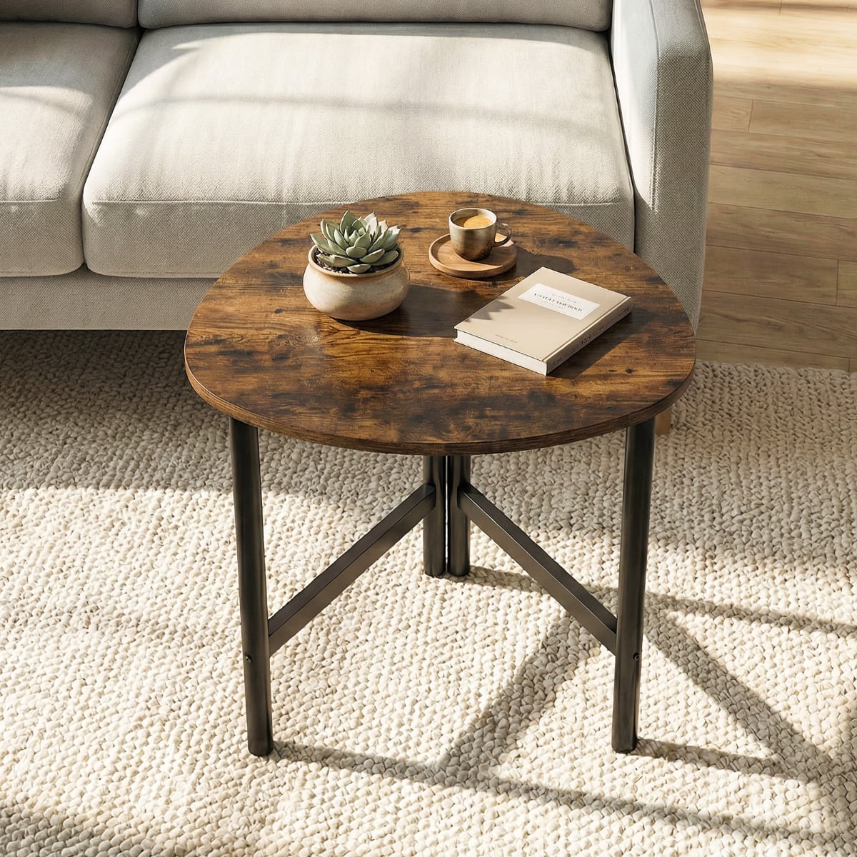 Coffee Table Triangle Center Table with Metal Legs Industrial Accent Sofa Table-Rustic Brown