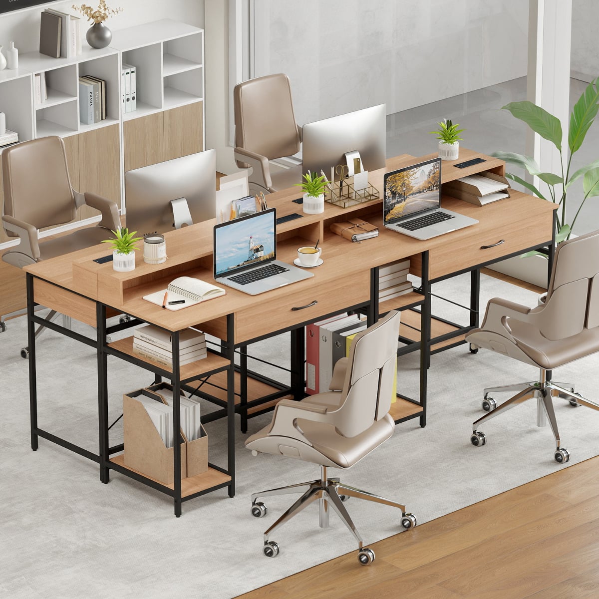 Computer Desk with Power Outlets and Top Shelf-Natural