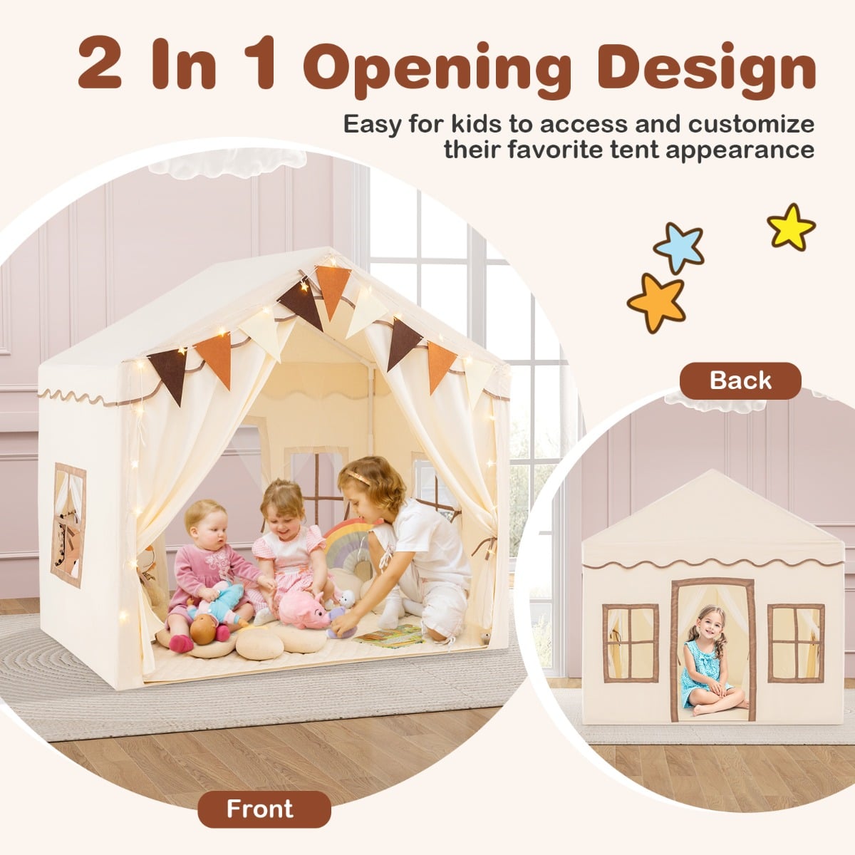 3-4 Kids Large Play Tent House with 2 Opening Doors Star Lights and Plaid Pennants-Beige