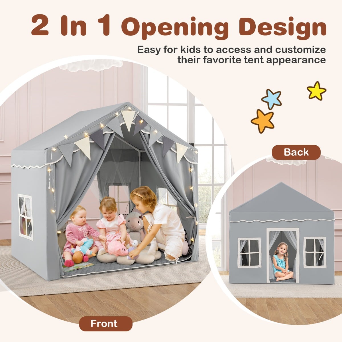 3-4 Kids Large Play Tent House with 2 Opening Doors Star Lights and Plaid Pennants-Grey