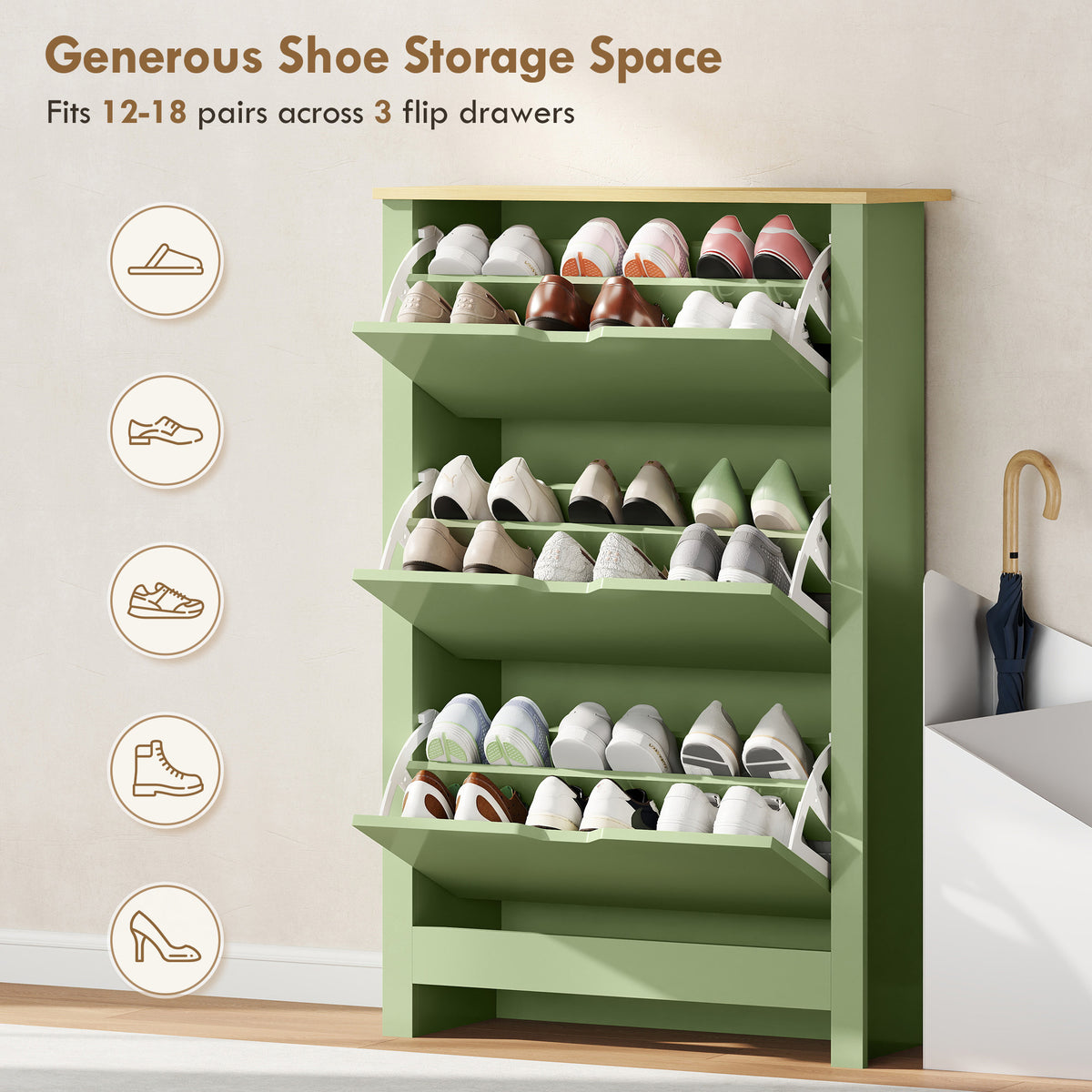 HOMCOM Slim Shoe Cabinet, Narrow Shoe Cupboard with 3 Flip Drawers, Adjustable Shelves for 18 Pairs of Shoes, High Gloss Green