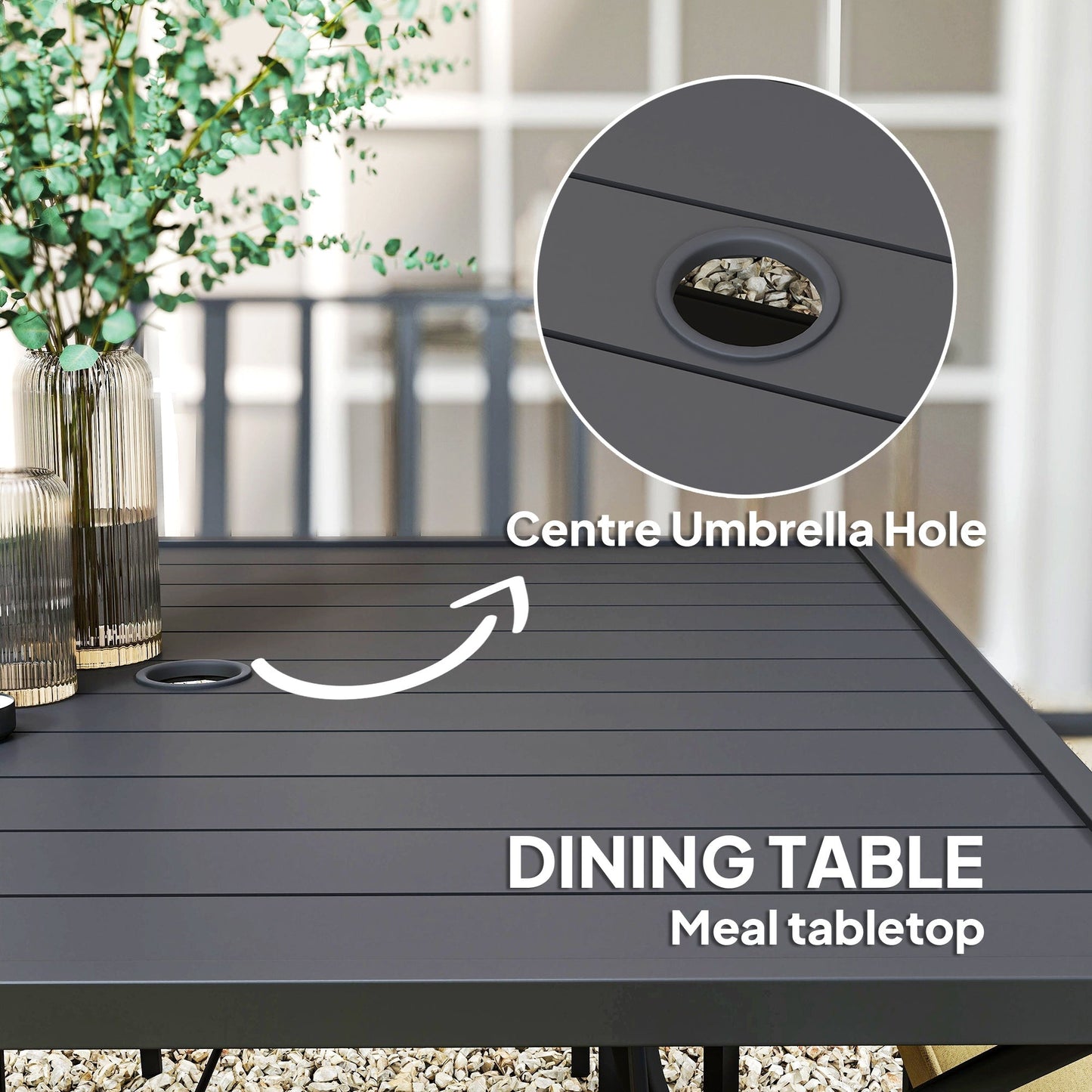 Outsunny 5 Pieces Garden Dining Set with Cushions, Outdoor Patio Table and 4 Stackable Chairs, Metal Top Table with Umbrella Hole, Black