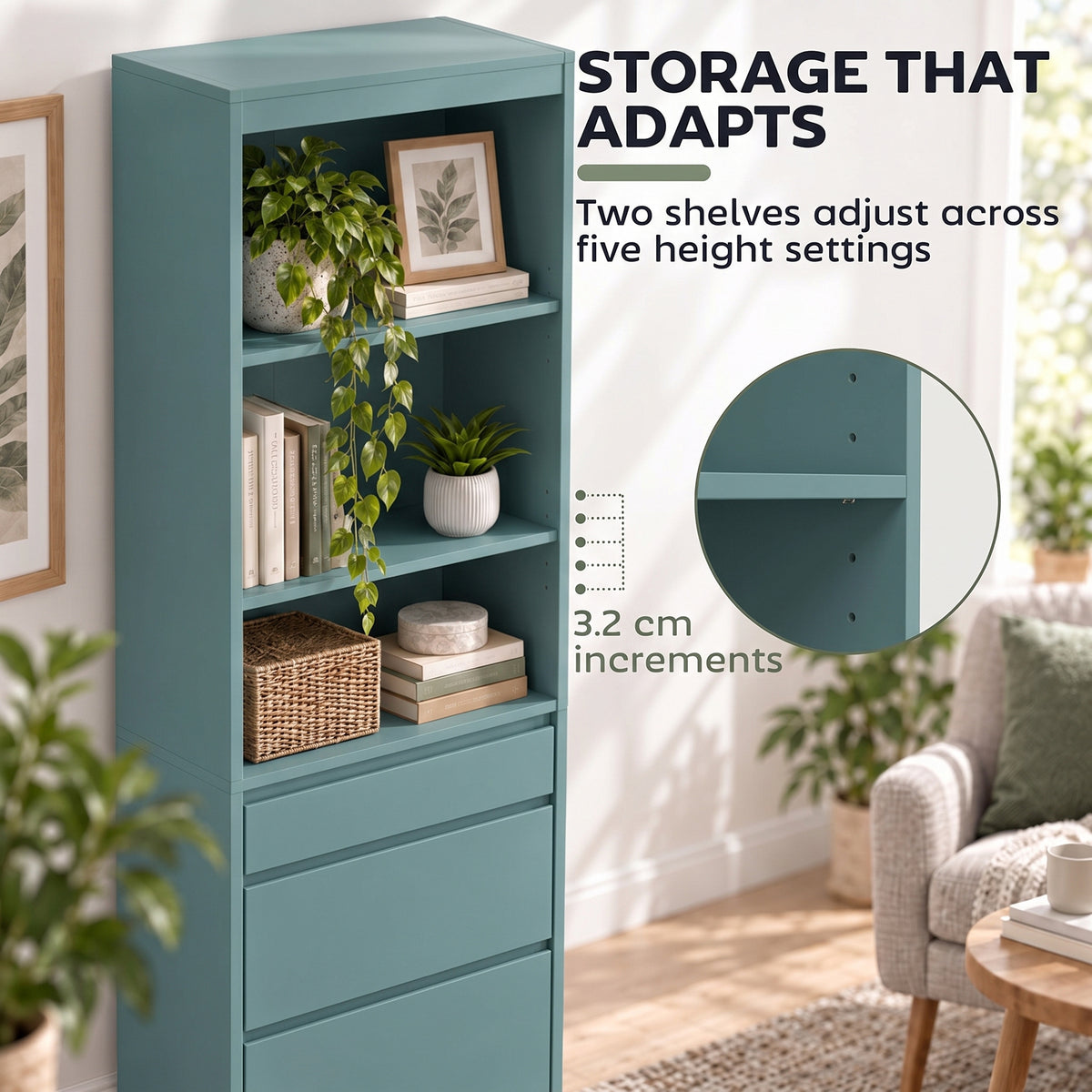 HOMCOM Bookcase with Drawers Adjustable Shelves Book Shelf for Study Living Room Light Green