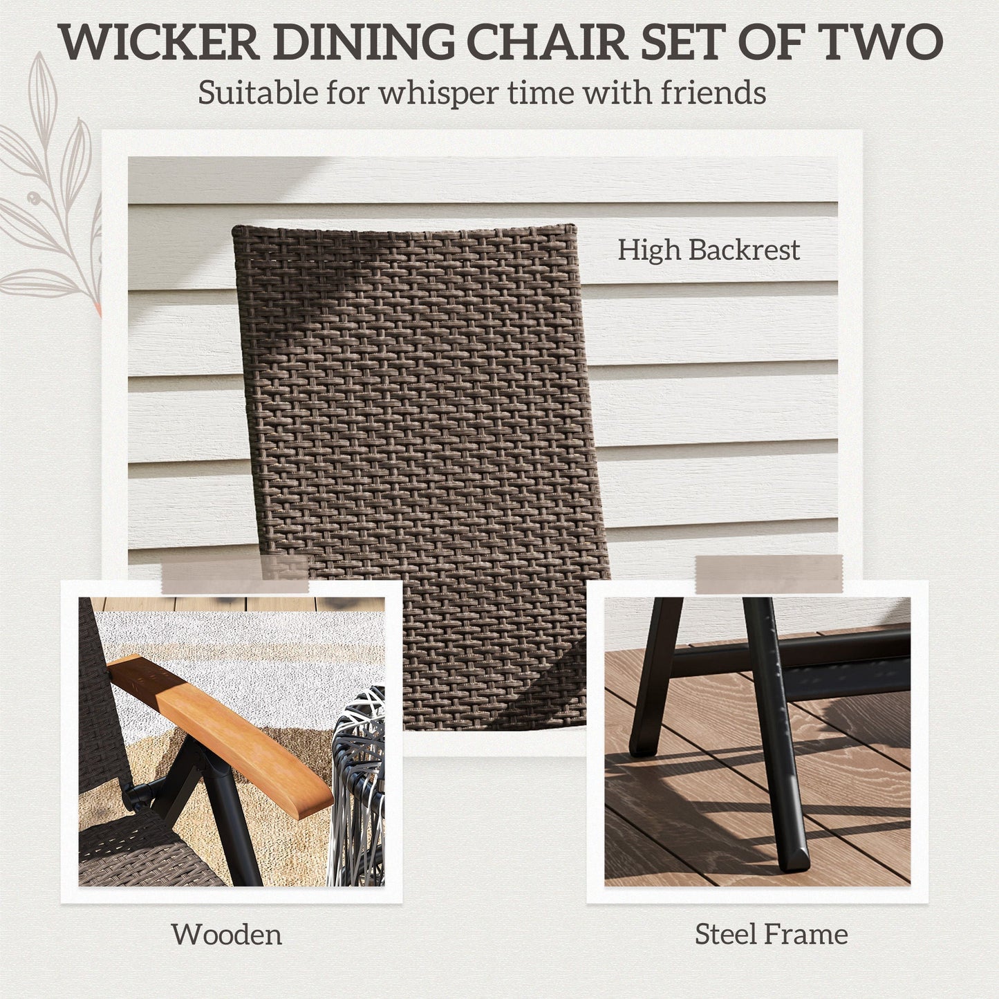 Outsunny 2 Pieces Folding Rattan Garden Dining Chairs with 5-level Reclining High Back, Wood Armrests for Outdoor - Brown