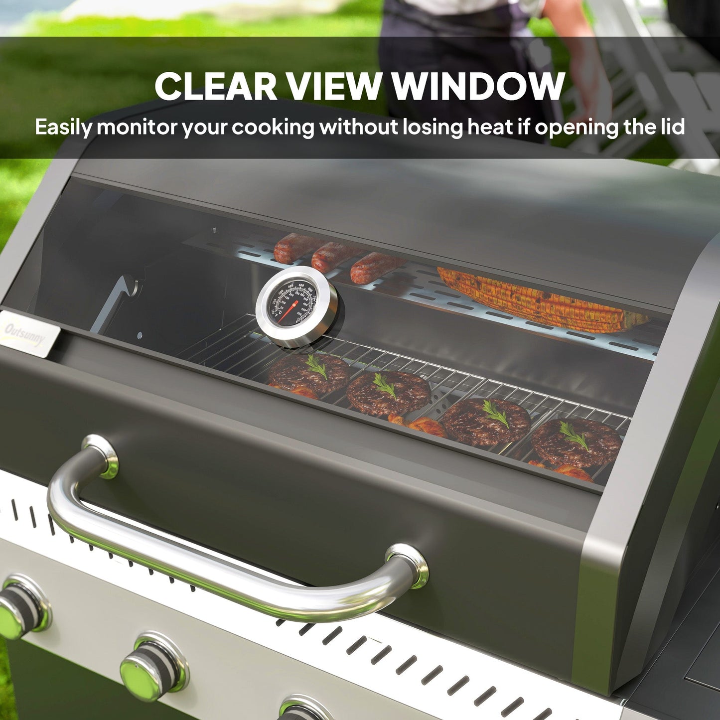 Outsunny 4+1 Burner Gas BBQ Grill with Clear View Lid, Portable Gas Barbecue Grill with Built-in Thermometer, Side Table, Cabinet, Wheels, Grease Tray for Garden Party Outdoor Cooking, Black