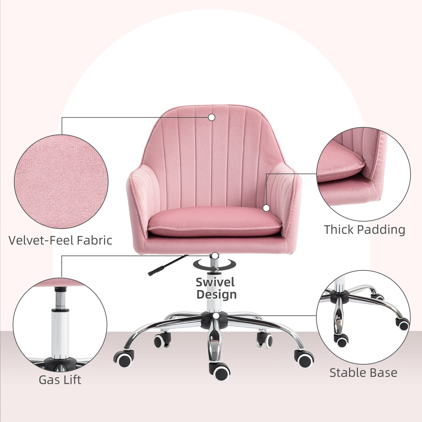 HOMCOM Velvet-Feel Tub Office Chair, with Seat Cushion - Dark Pink