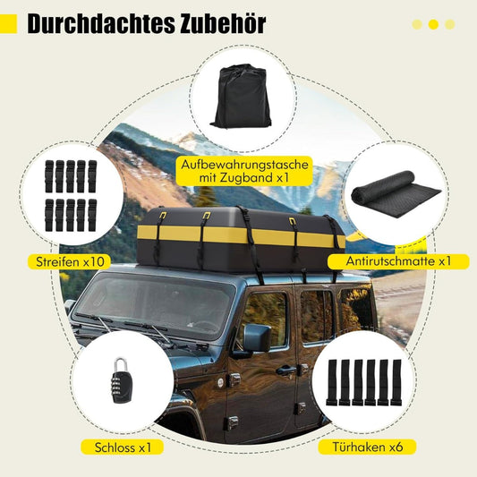 Roof box for various vehicle types with non-slip mat, luggage lock, reinforced straps, door hook & bag with drawstring