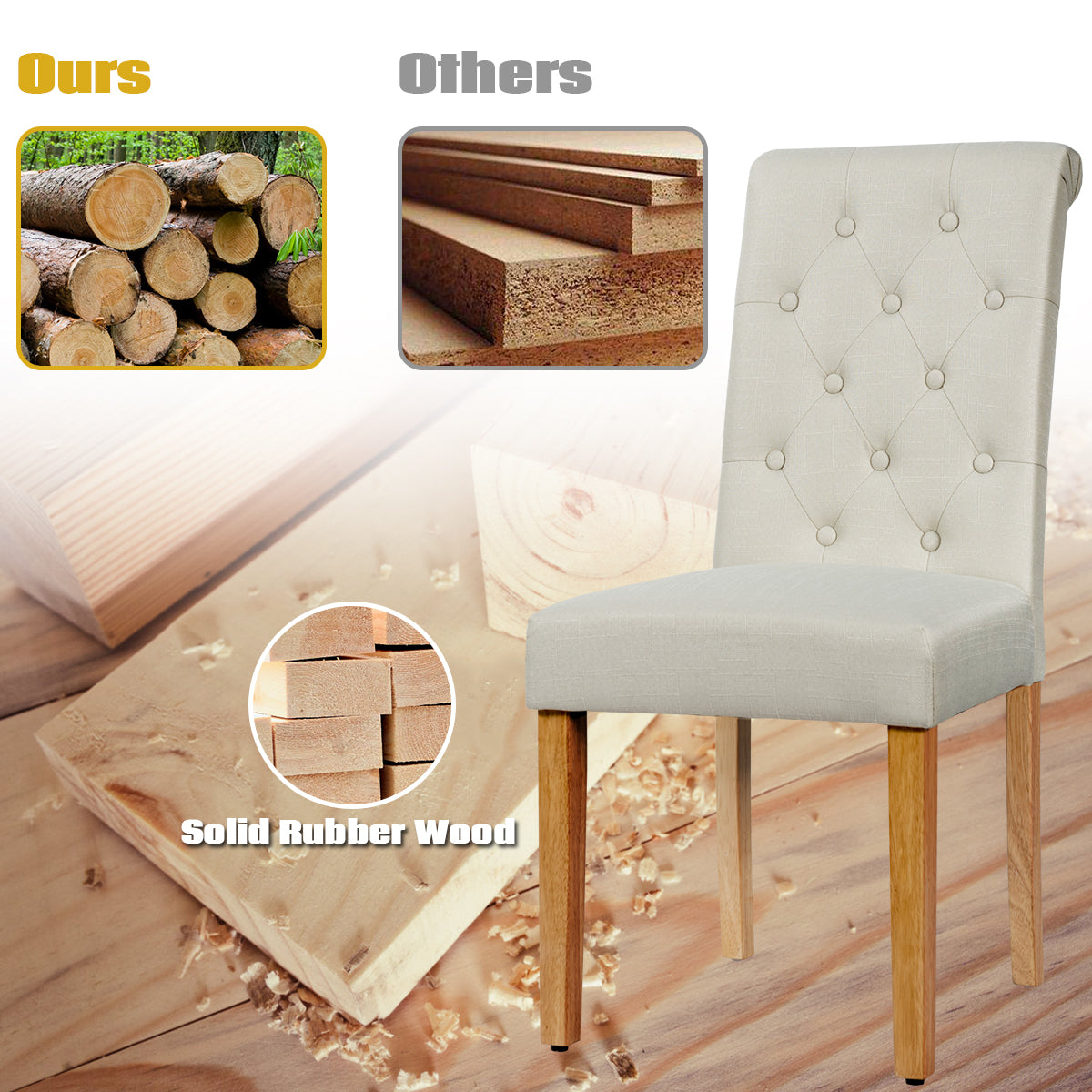 Dining Room Chairs Set of 2 with Solid Wood Legs and Padded Seat-Beige