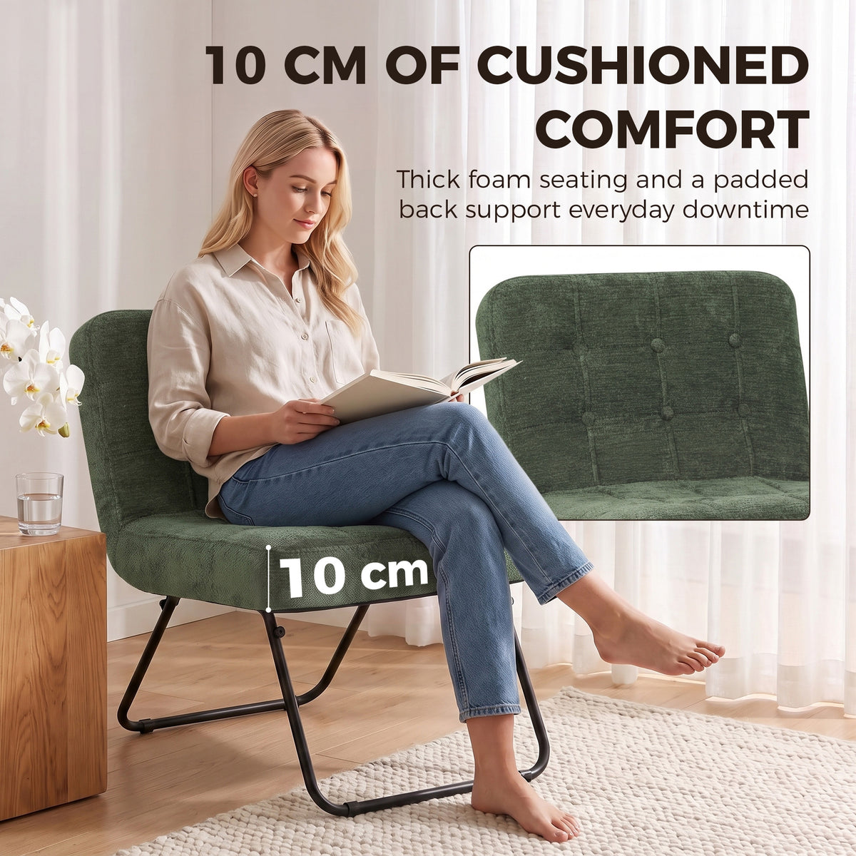 HOMCOM Modern Accent Chair, Foldable Chenille Upholstered Lounge Chair with Backrest, Wide Seat, Light Green