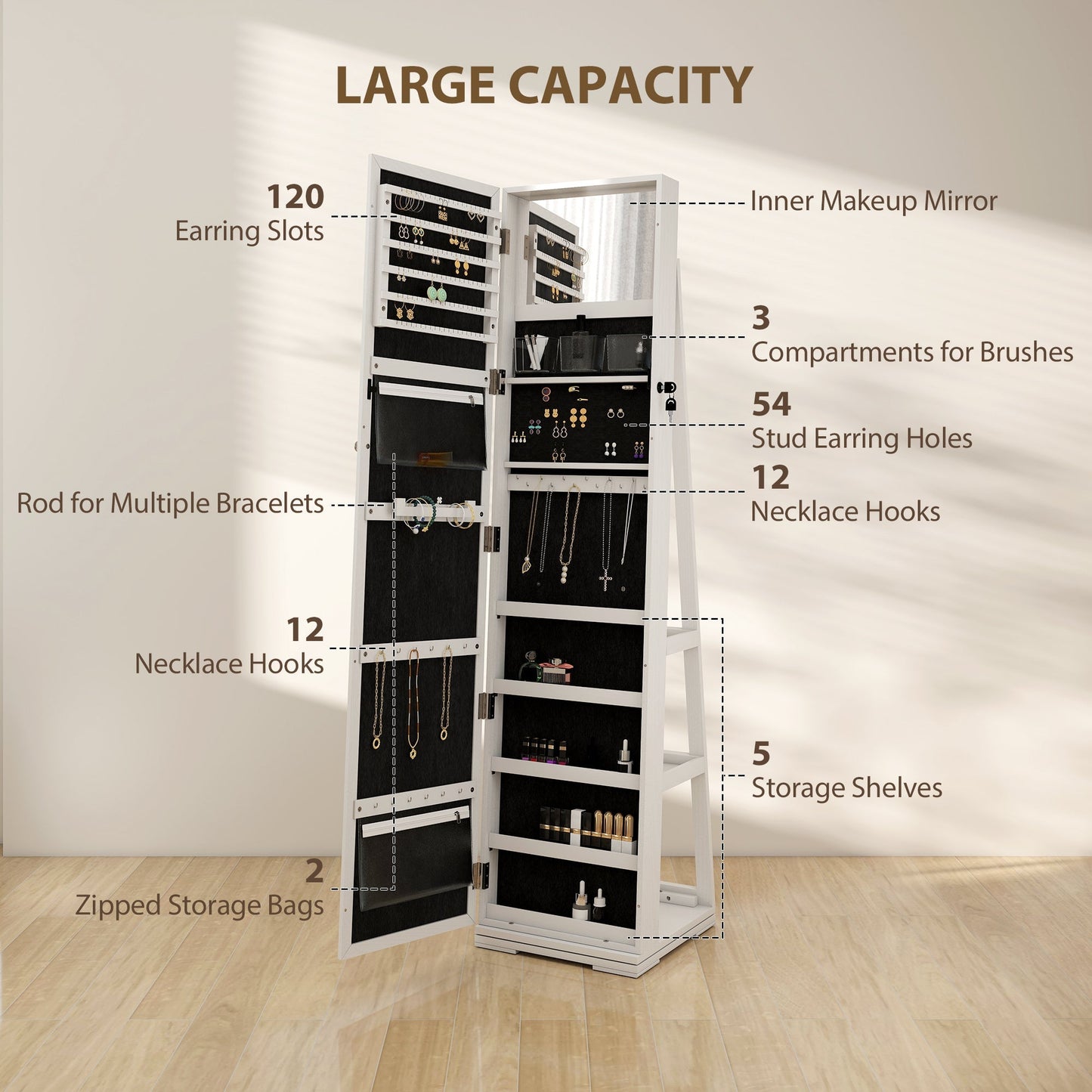 HOMCOM 360 Swivel Jewellery Cabinet, Free Standing Full Length Mirror with Storage, Lockable Jewellery Organiser with Built-in Makeup Mirror and Storage Shelves for Bedroom, White