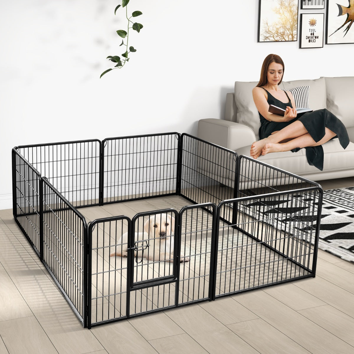 8 Panel 60cm/80cm Height Pen Fence with Lock and Large Door-Black-60 cm