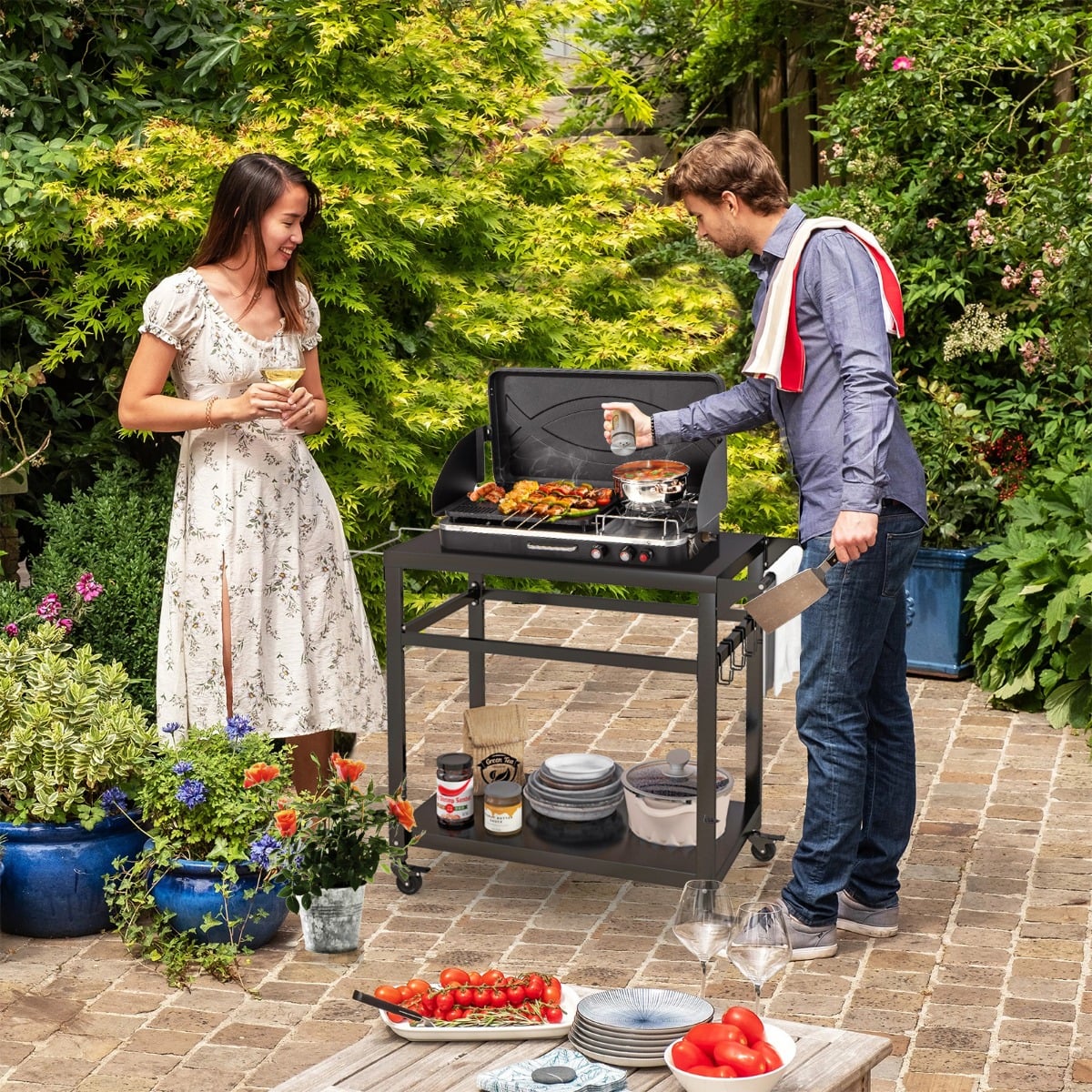 Double-Shelf Movable BBQ Cart with 4 Lockable Wheels and Side Handle-Black