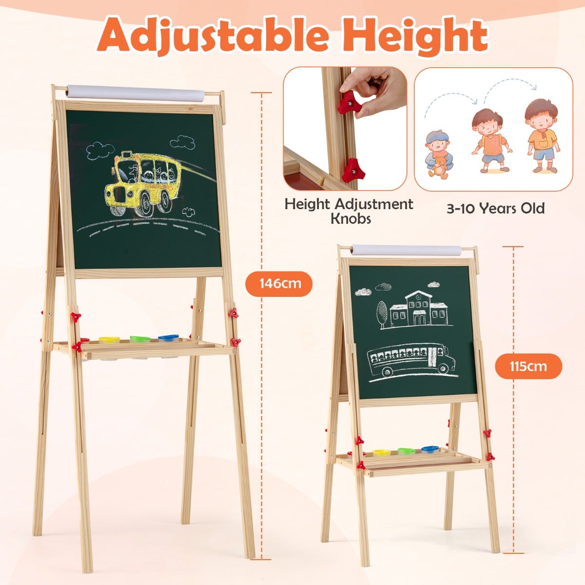 Double-sided Height Adjustable Wooden Art Easel for 3-10 Yeas Old-Natural