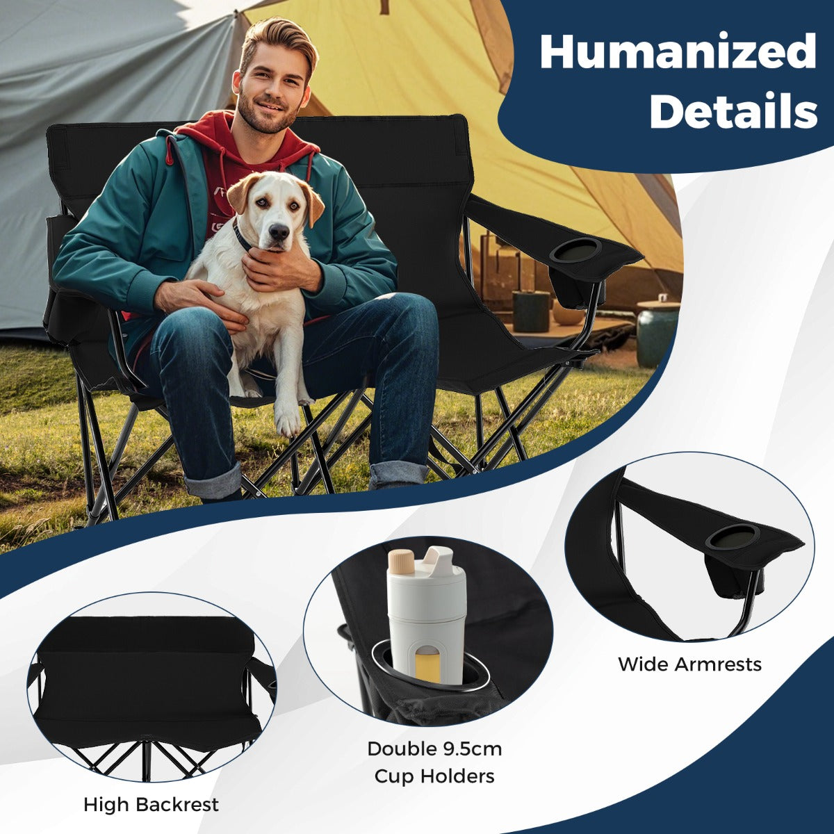 Double Camping Chair with Cup Holders and Carrying Bag-Black