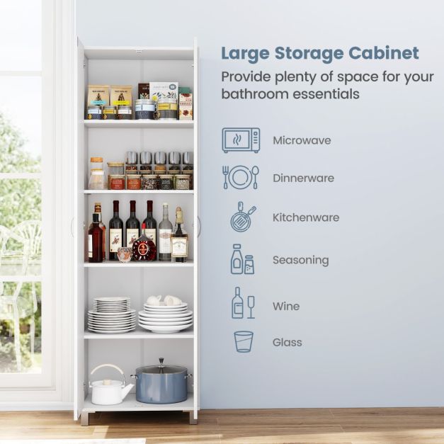 Double Door Tall Storage Cabinet with Adjustable Shelf and Anti-tilt Design-White