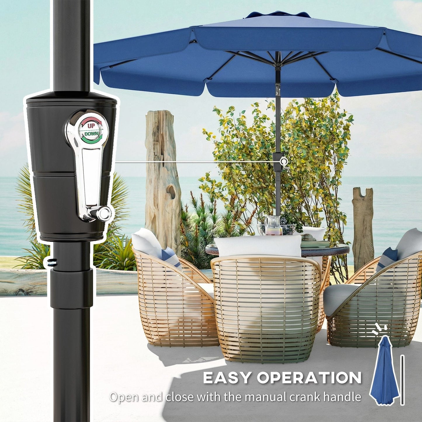 Outsunny 3 m Garden Parasol with Tilt Mechanism & Crank Handle, UPF 30+ Patio Umbrella Outdoor Table Umbrella, Dark Blue