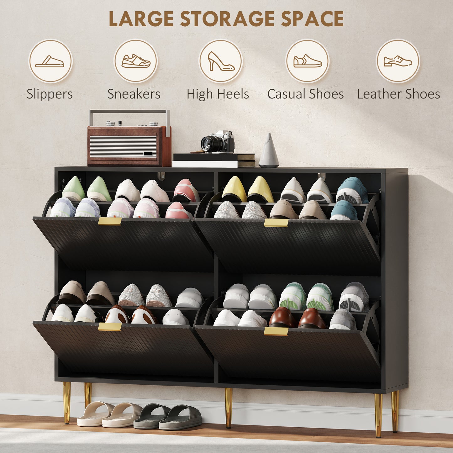 HOMCOM Elegant Four-Drawer Shoe Cabinet - Black