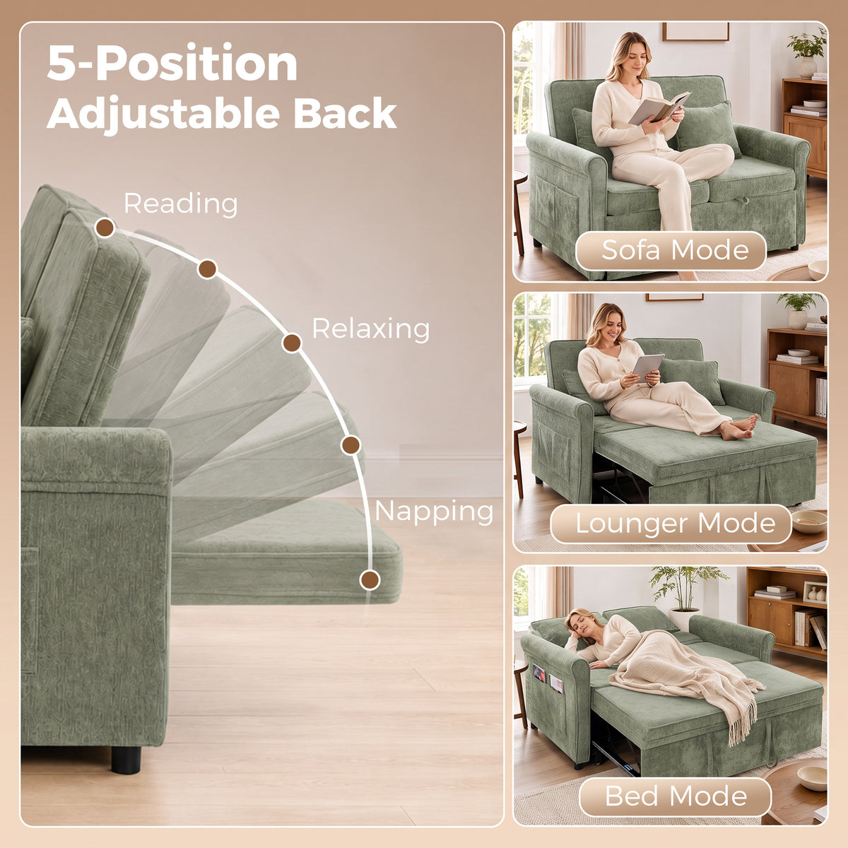 HOMCOM 2 Seater Sofa Bed 3-in-1 Convertible Chenille Pull Out Sleeper Sofa with 5-Position Adjustable Backrest, Light Green