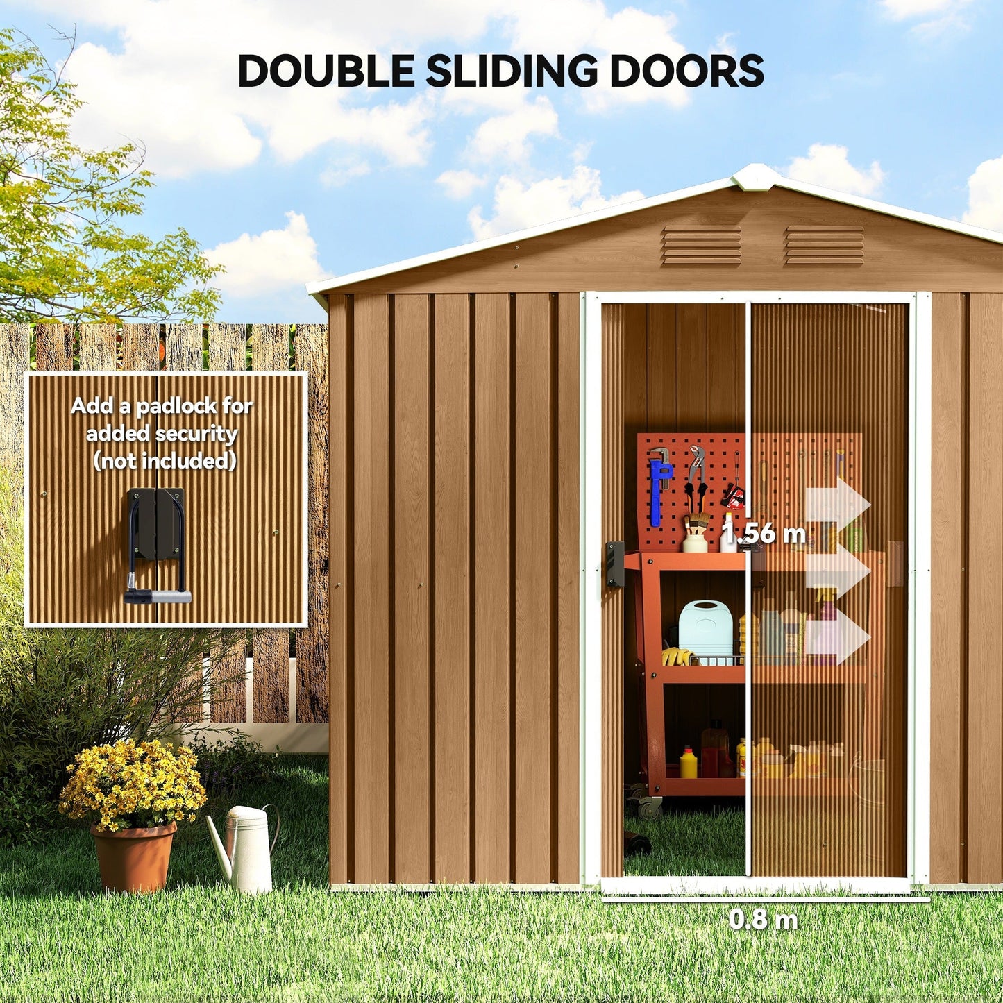 Outsunny 8x6 Metal Storage Shed Galvanised Steel Frame with Sloped Roof & Double Door for Homeowners, Brown