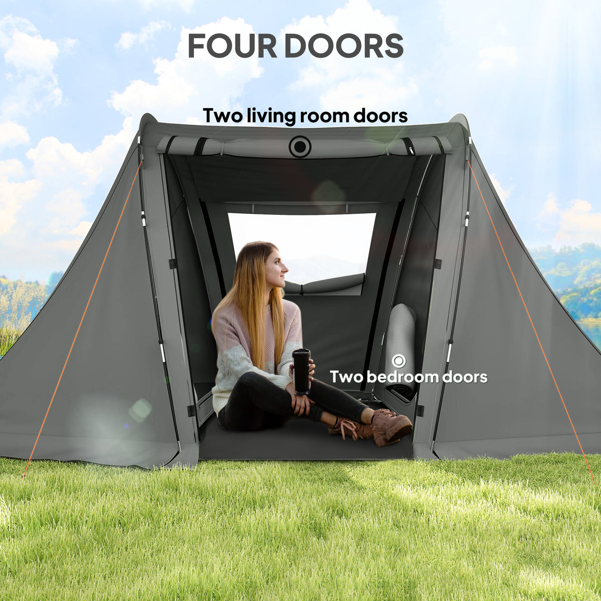Outsunny 3 Man Camping Tent with Living Area and 2 Bedrooms, 3000mm Waterproof Family Tent with Sewn-in Groundsheet and bag, Portable Dome Shelter for Hiking, Festival, Backpacking, Drak Grey