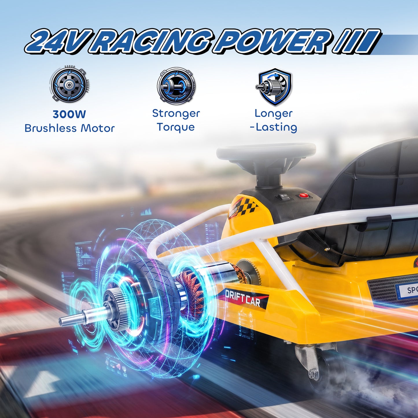 AIYAPLAY 24V Electric Go Kart for Kids with Drift Mode, 300W Brushless Motor, Soft Start and Dual Speed for Ages 6-10, Yellow