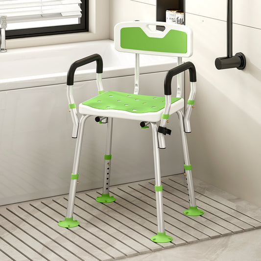 HOMCOM EVA Padded Shower Chair for the Elderly and Disabled, Height Adjustable Shower Stool with Back and Arms, 4 Suction Foot Pads, Green