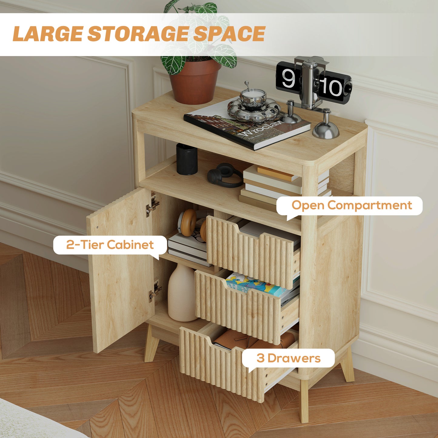 HOMCOM Small Sideboard with Drawers and Adjustable Shelf - Nature Wood Finish