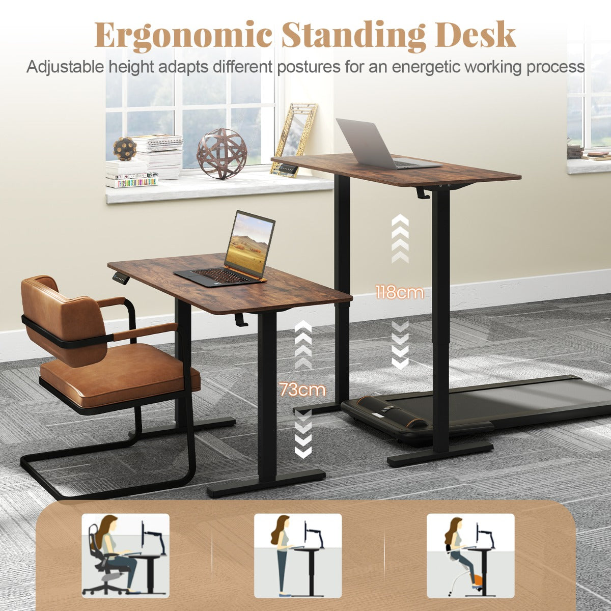120 x 60 CM Electric Standing Computer Desk with 3 Memory Preset-Rustic Brown