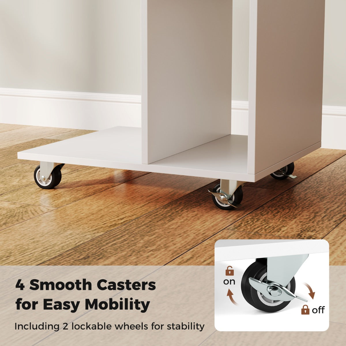 C Shaped Side Table Narrow Table with Storage Shelves Universal Locking Casters Mobile Table White