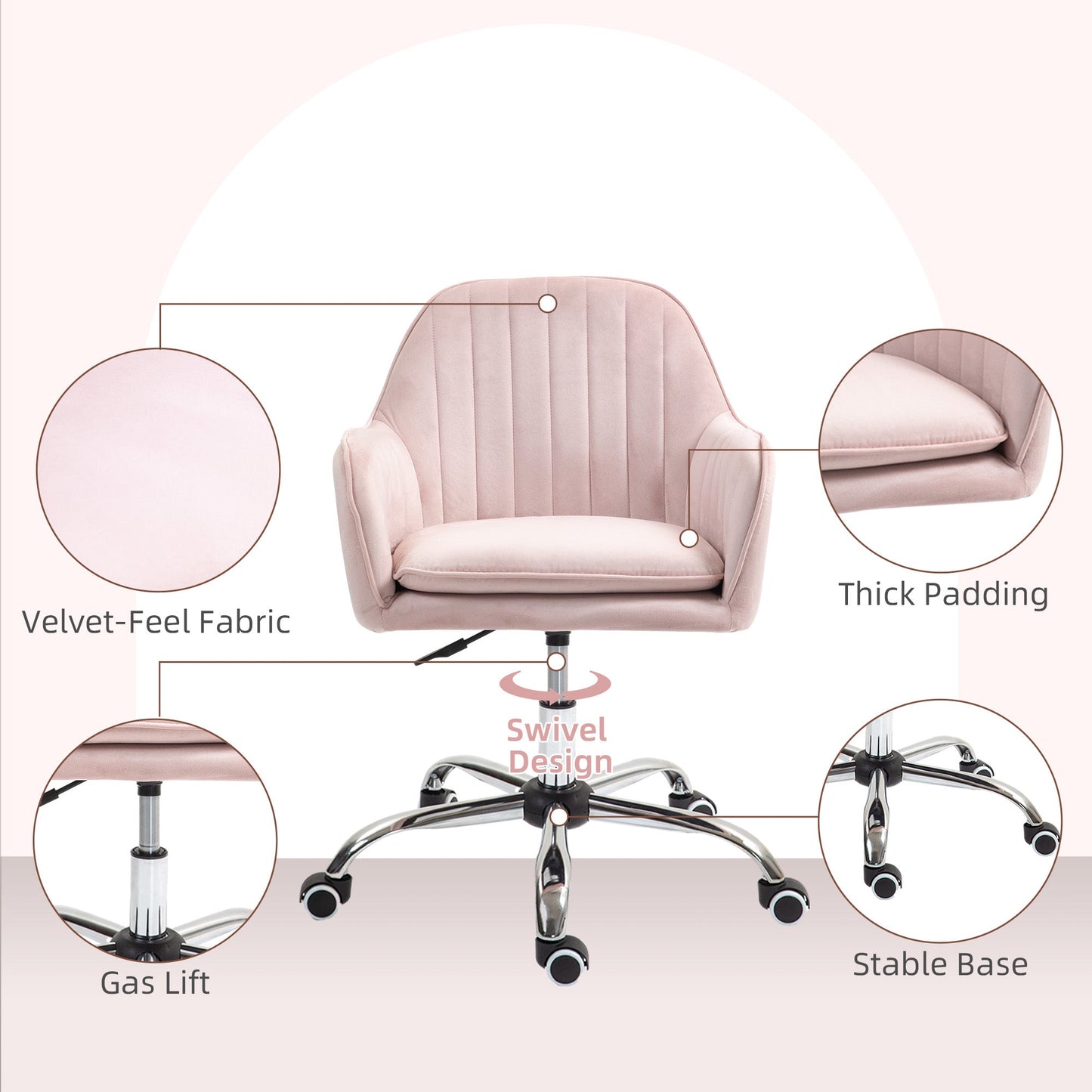 HOMCOM Velvet-Feel Tub Office Chair, with Seat Cushion - Pink