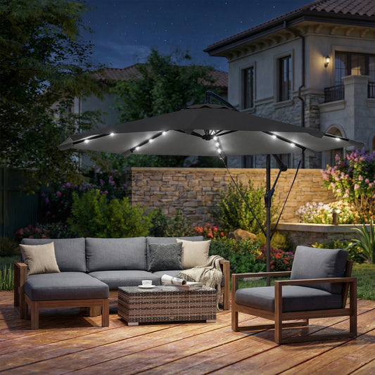 Outsunny 3 m Cantilever Parasol with Solar LED Lights Garden Umbrella with Cross Base, Black