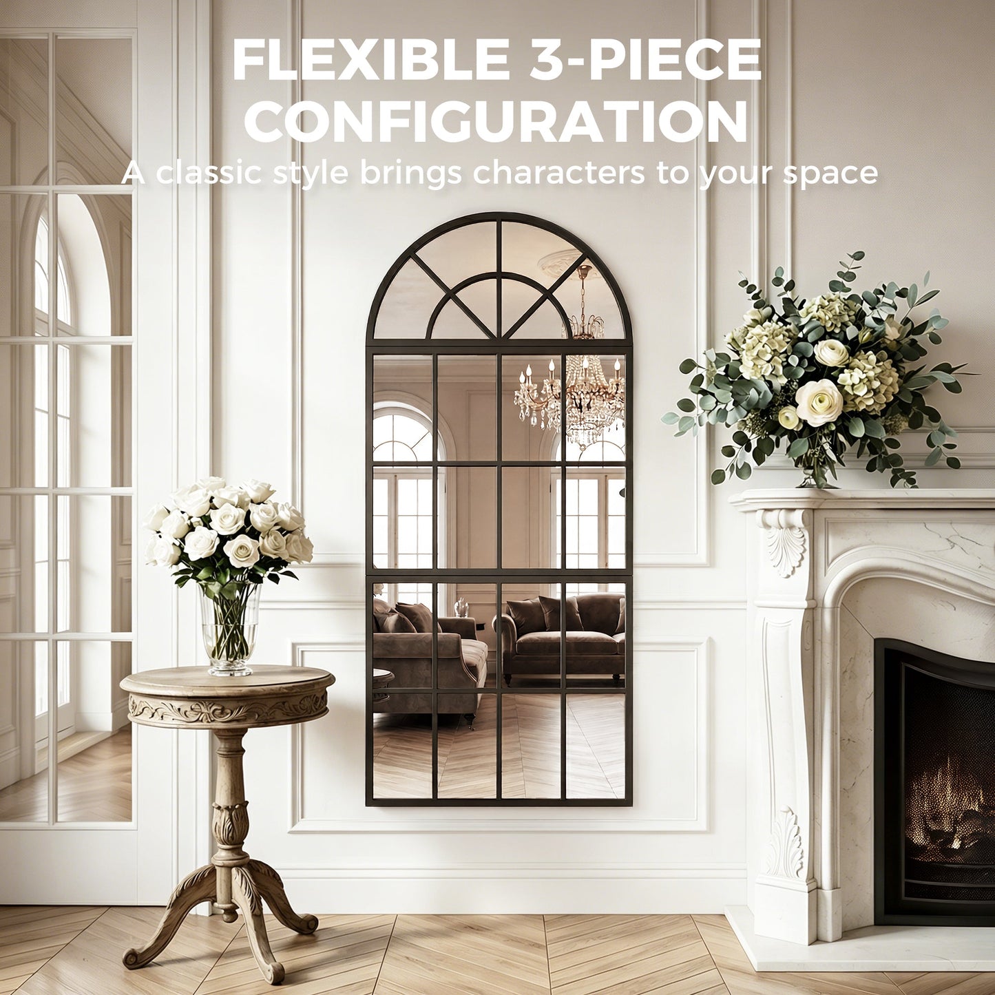 HOMCOM Large Arched Wall Mirror with Metal Grid, 3-Piece Split Window Mirrors, 120 x 54 cm, Black