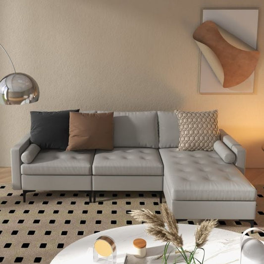 Extra Large L-Shaped Sofa with 4 USB Ports, Solid Metal Legs-Light Grey