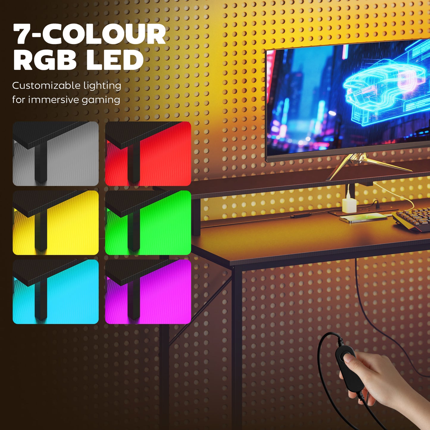 HOMCOM 147cm Gaming Desk with Charging Station and Monitor Stand, Computer Table for Home Office with RGB Lights, Black