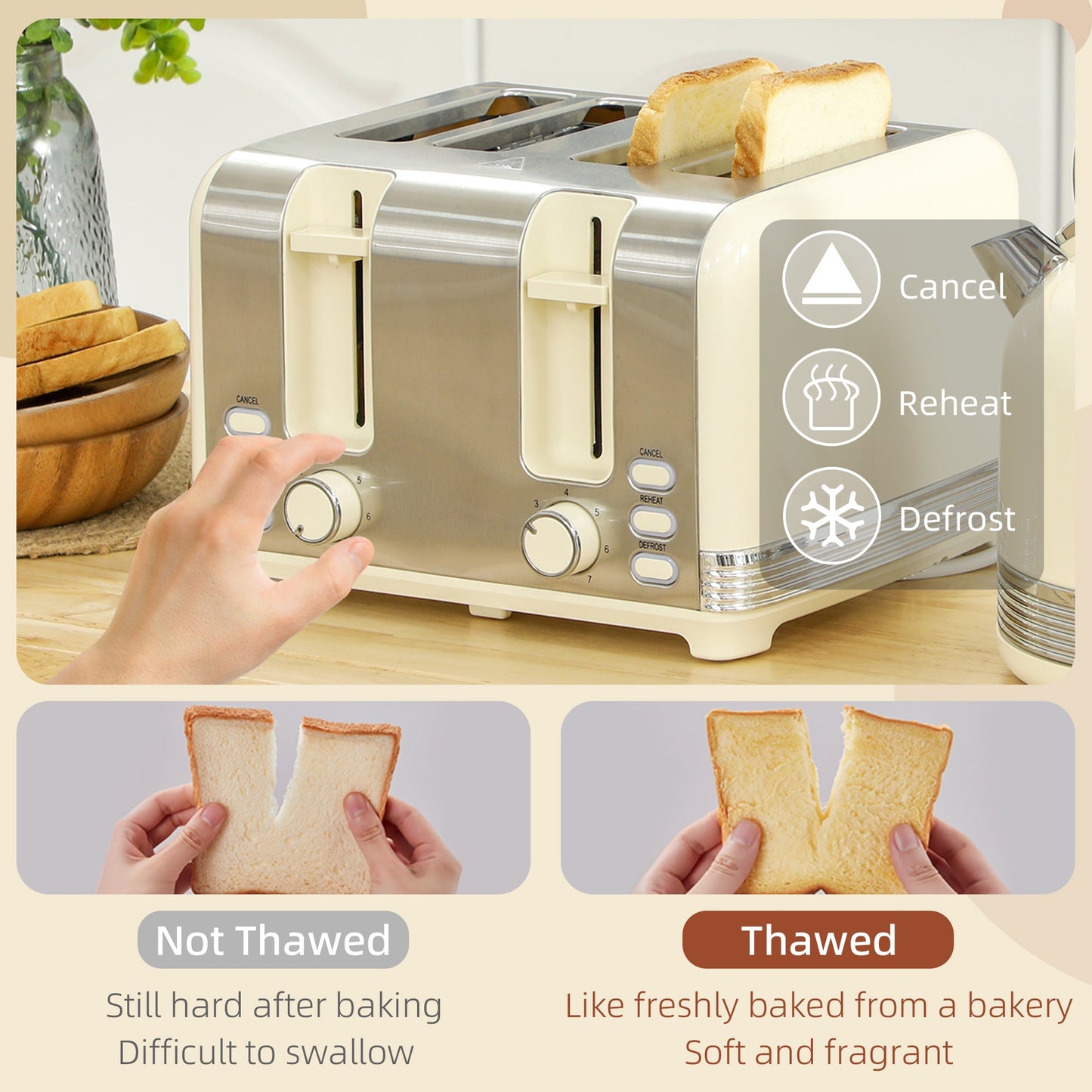 HOMCOM Polished Stainless Steel Kettle and Toaster Set - Cream