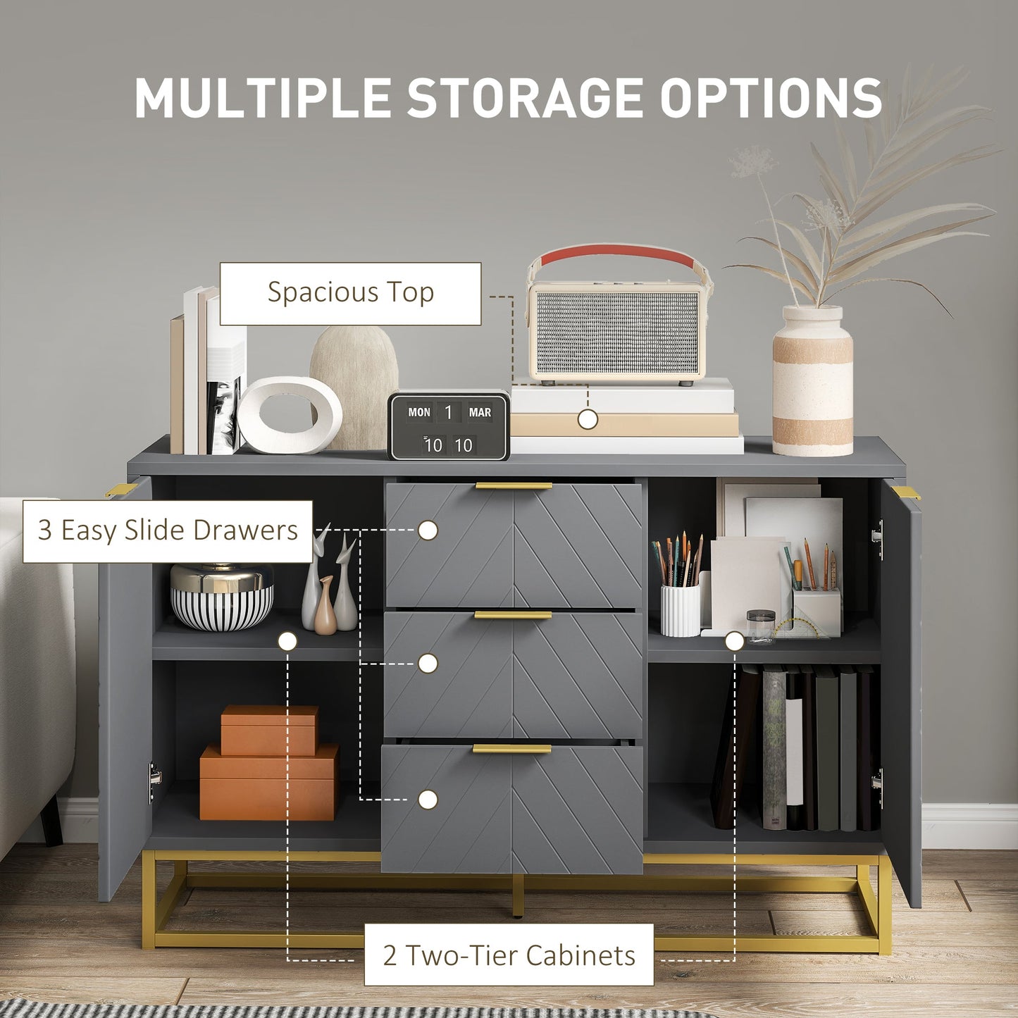 HOMCOM Sideboard with 3 Drawers and Adjustable Shelves for Living Room - Grey