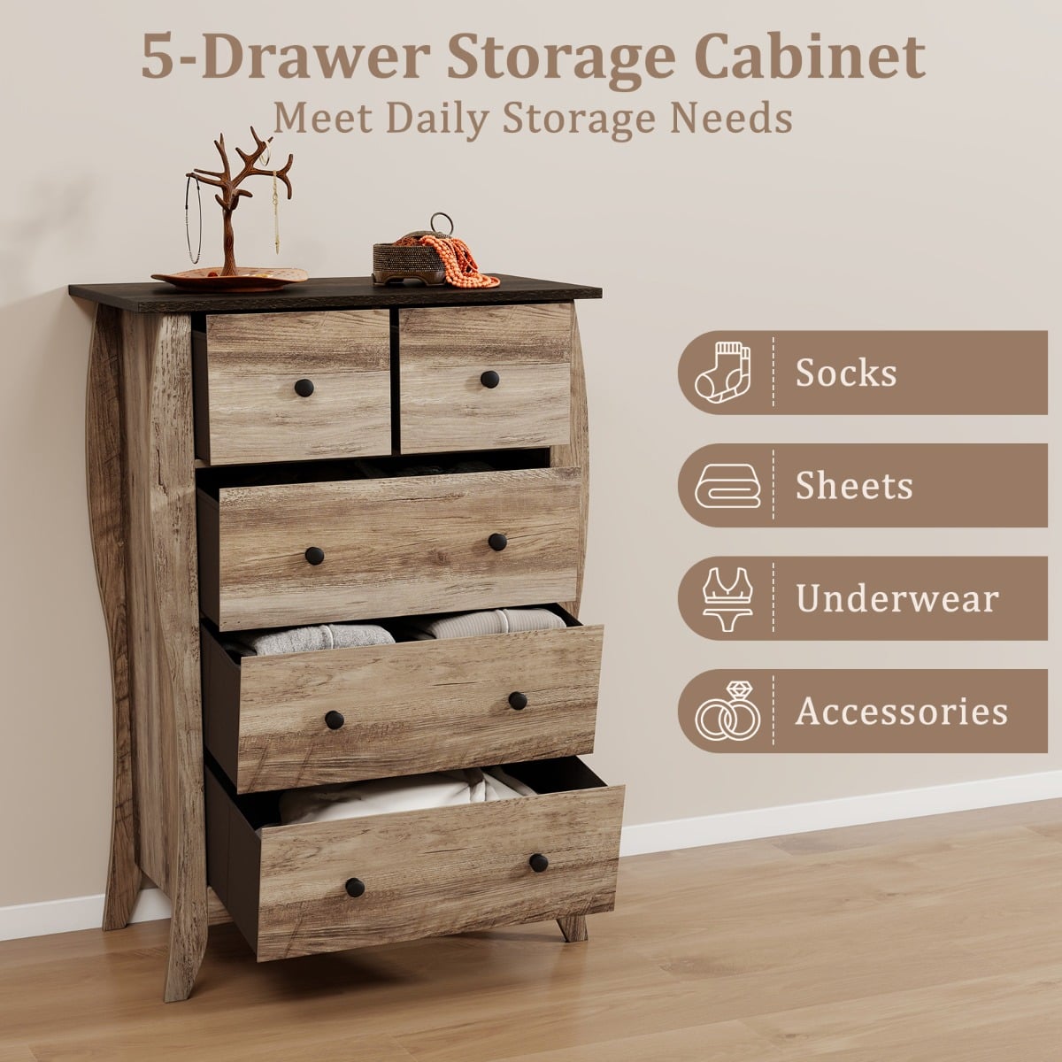 Farmhouse Chest of Drawers with 5 Folding Fabric Drawers and Anti-tipping Kit-Brown