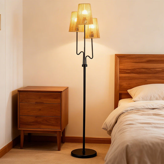 Farmhouse Standing Tree Lamp with 3 Boho Paper Woven Lampshades-Black