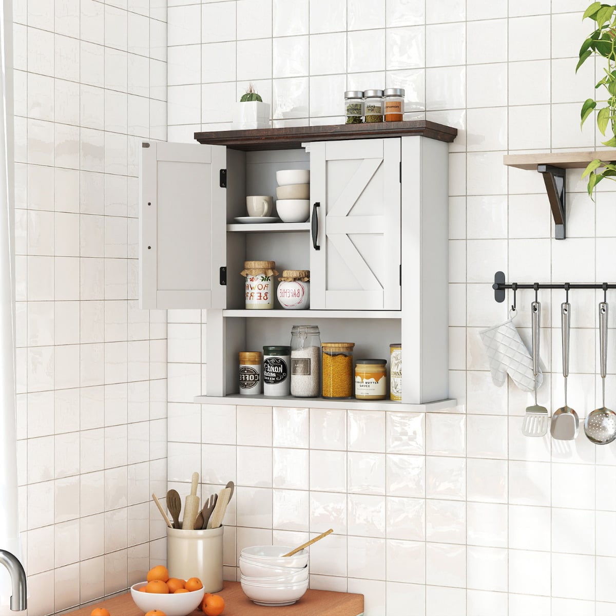 Farmhouse Wall Mounted Bathroom Cabinet with Adjustable Shelf-White