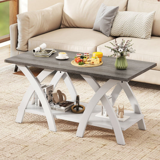 Farmhouse Wooden Accent Table with X-shaped Legs and Storage Shelf-Light Grey