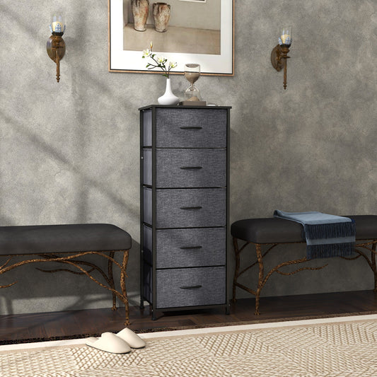 HOMCOM Fabric Chest of Drawers, Industrial Bedroom Dresser with 5 Fabric Drawers, Steel Frame and Wooden Top for Nursery, Living Room, Hallway, Dark Grey