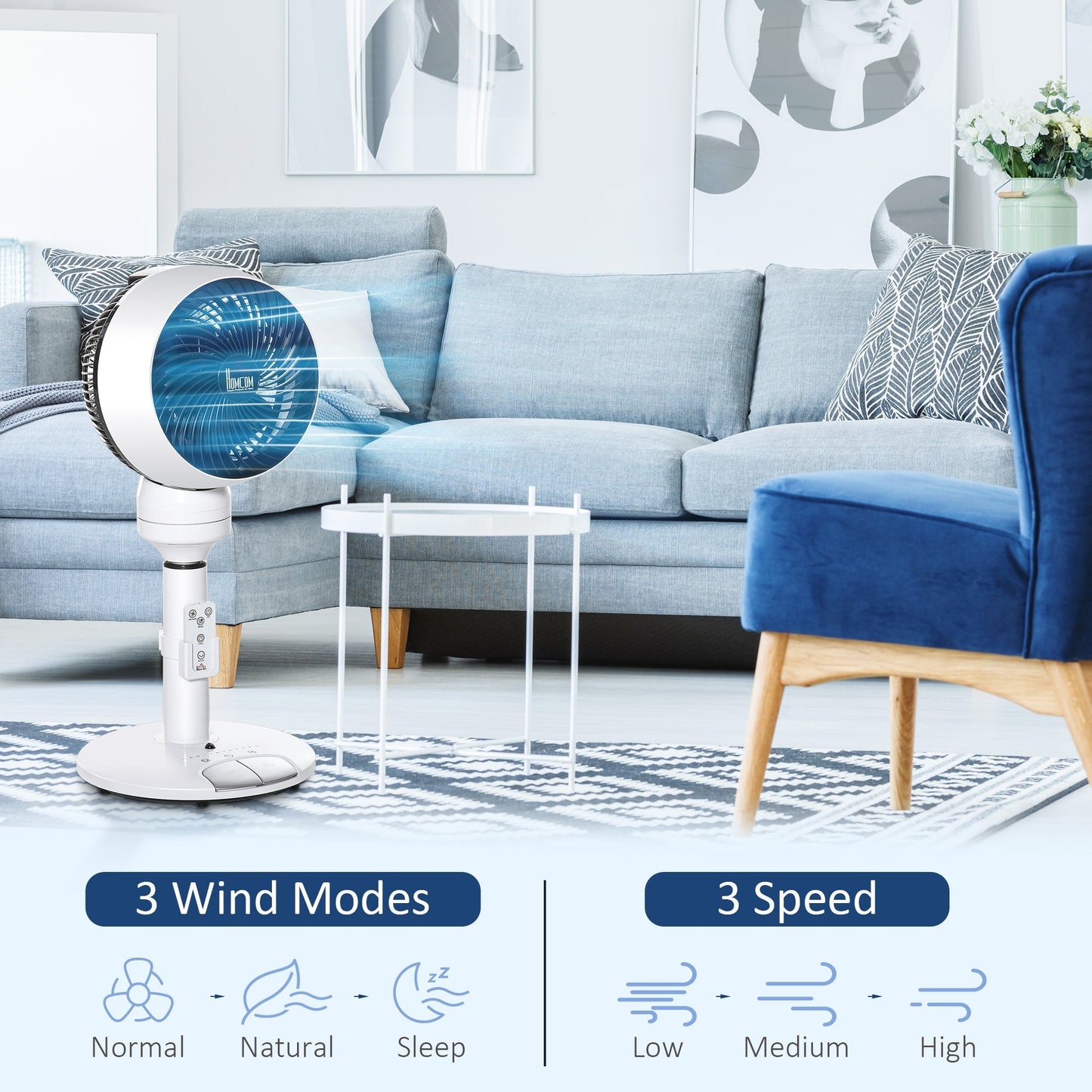 HOMCOM 9'' Air Circulator Fan 3 Speed 3 Mode, 70 degrees Oscillation 90 degrees Vertical Tilt, Height Adjustable, Remote Controller, for Living Room, Bedroom, Office, Black and White