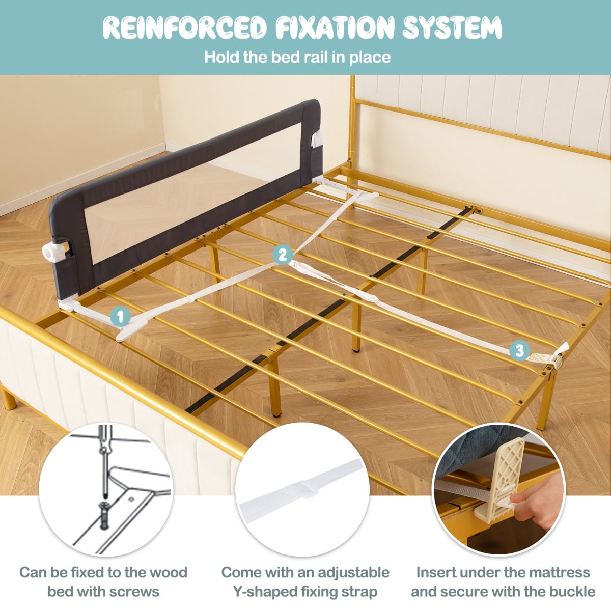Foldable Bed Rail with Adjustable Safety Strap for Toddlers-Grey