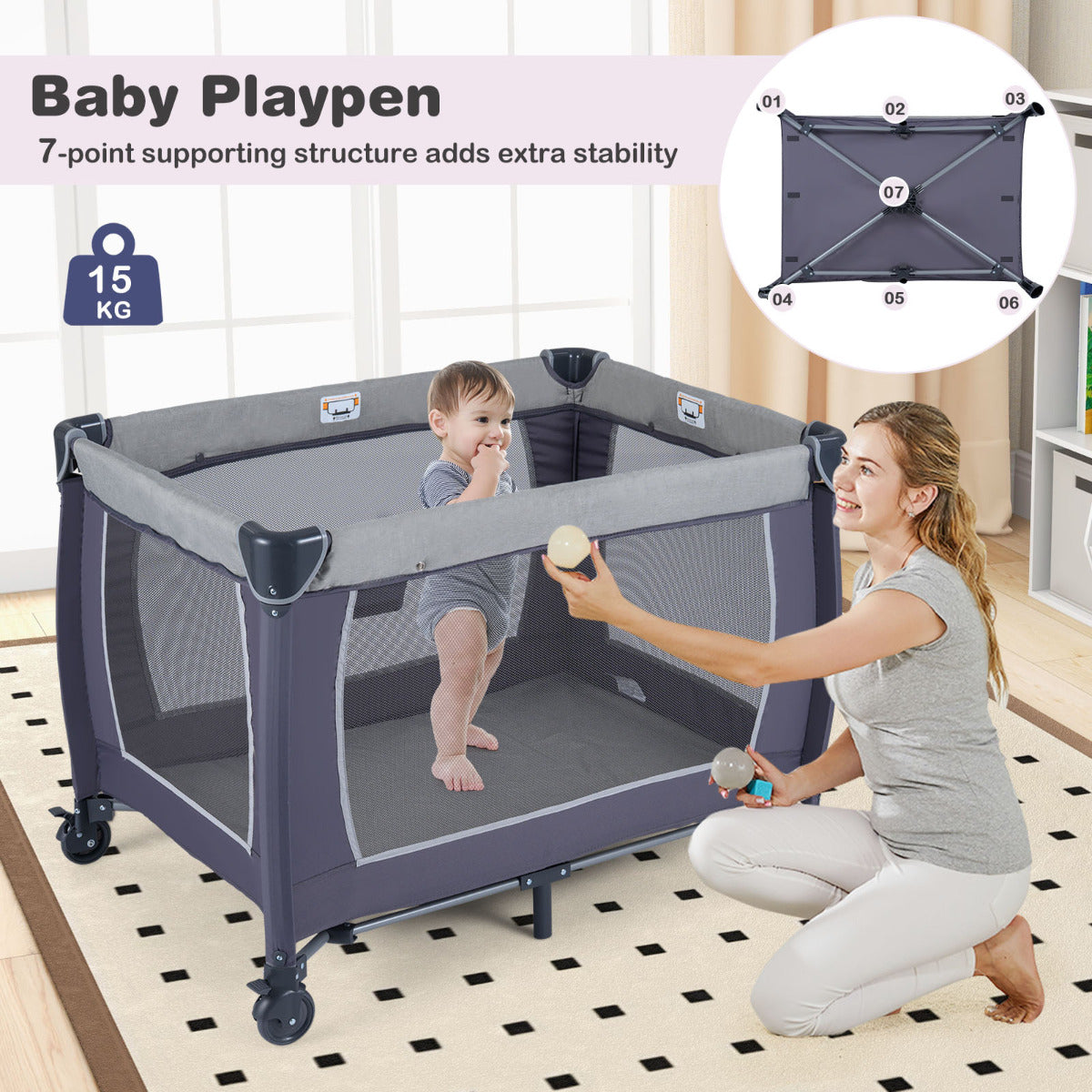 Foldable Pack and Play Portable Baby Playard with Rocking Bassinet and Diaper Changing Table-Black
