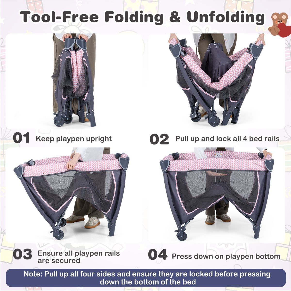 Foldable Pack and Play Portable Baby Playard with Rocking Bassinet and Diaper Changing Table-Light Pink