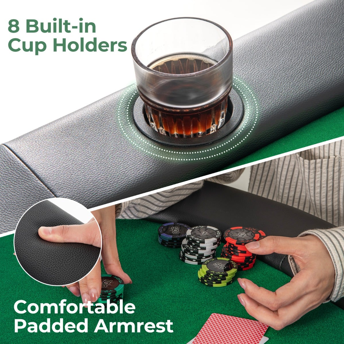 Folding Cardboard Game Table with 8 Cup Holders and Comfy Armrests-Green