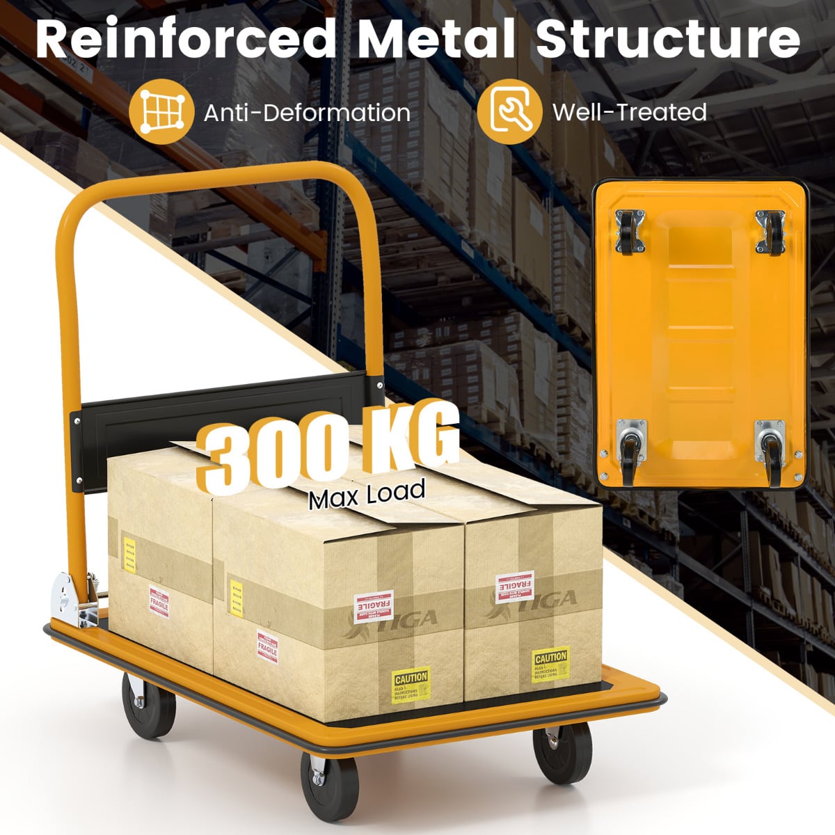 Folding Platform Trolley with Swivel Wheels-Yellow & Black